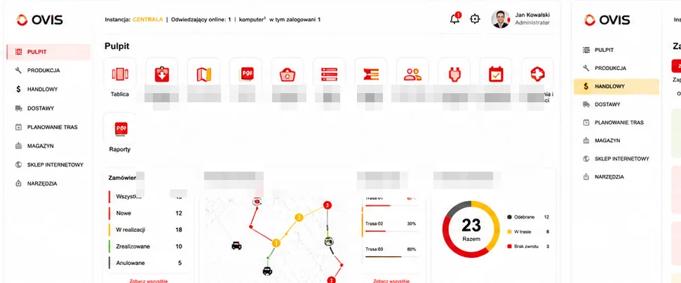 OVIS dashboard view with route map, order status and return settlement