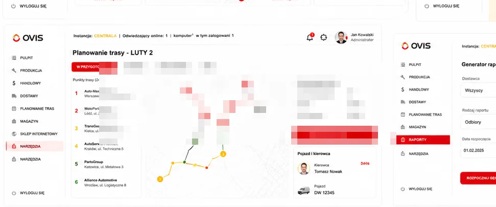 OVIS operations view with route planning and reports panel