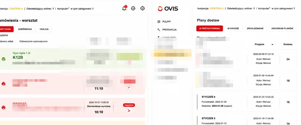 OVIS view with workshop orders and delivery plans